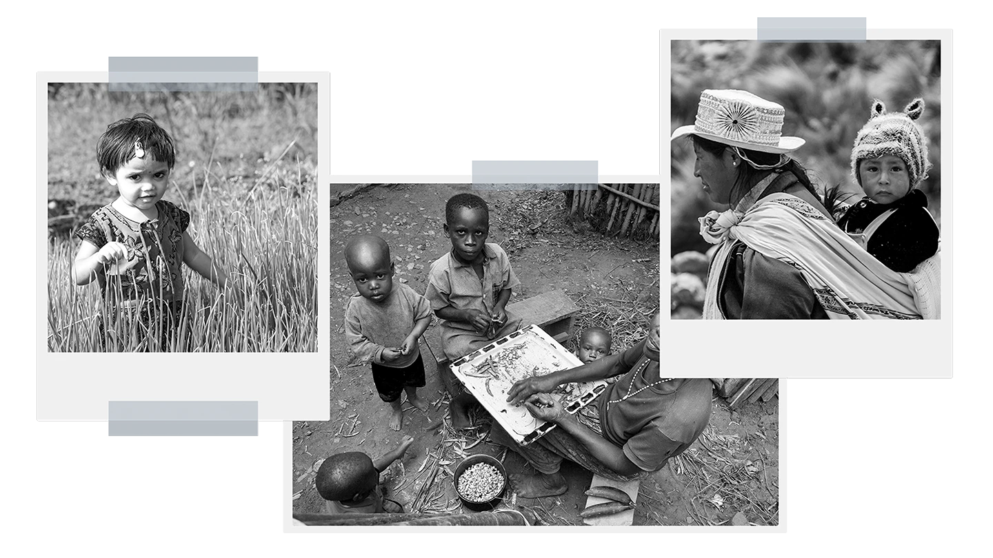 three polariod images showing people from around the world